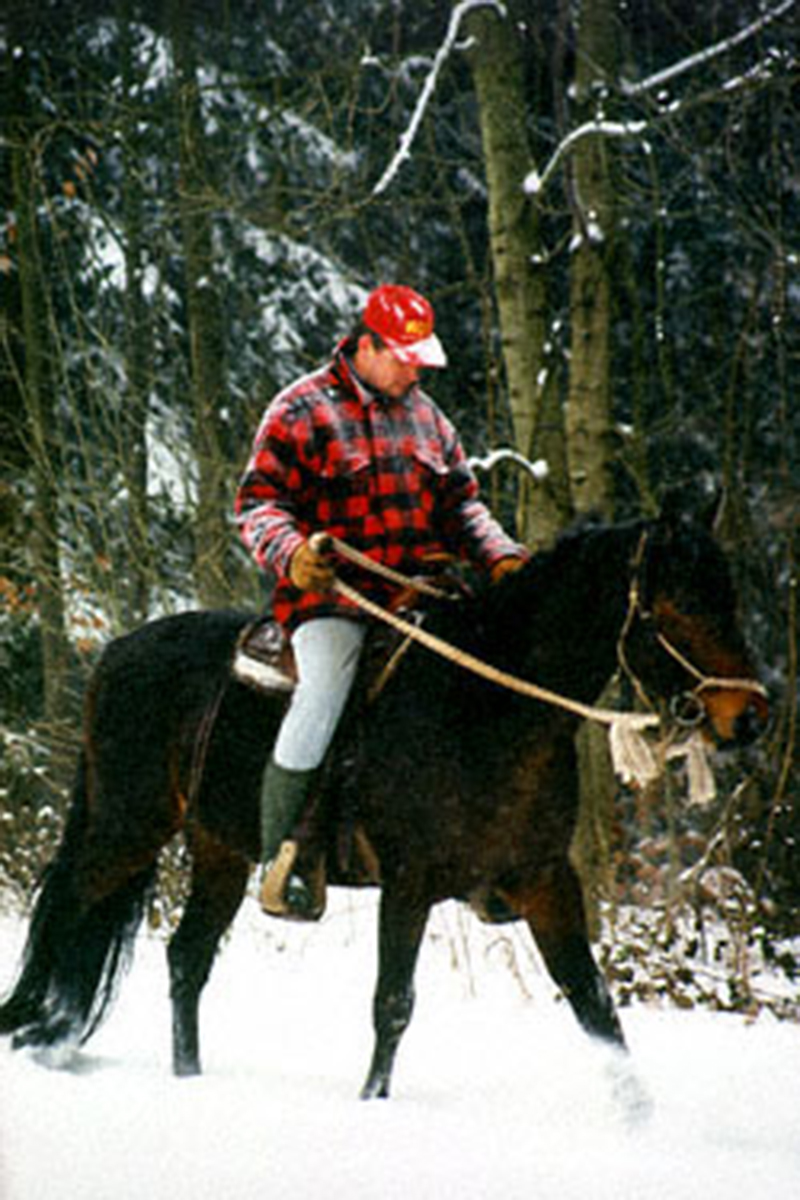 Man riding an Anglo-Kabarda horse in the snow. 